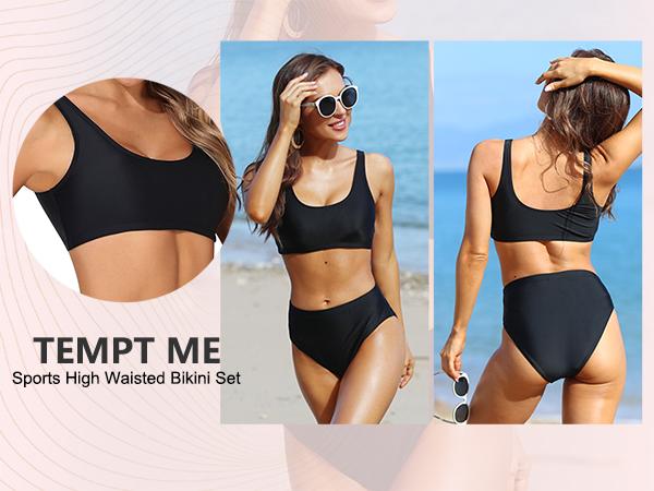 Tempt Me Women Two Piece Scoop Neck Bikini Crop Top High Cut Swimsuit Sporty High Waisted Bathing Suit with Bottoms