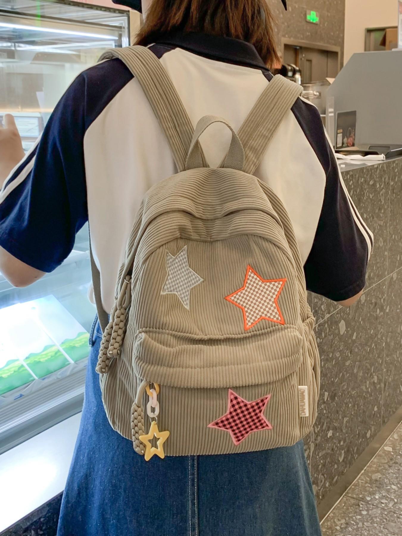 Leisure style fashionable large capacity backpack, practical texture retro niche personality high-quality backpack, chessboard star embroidery, star zipper decoration, essential for daily commuting to school