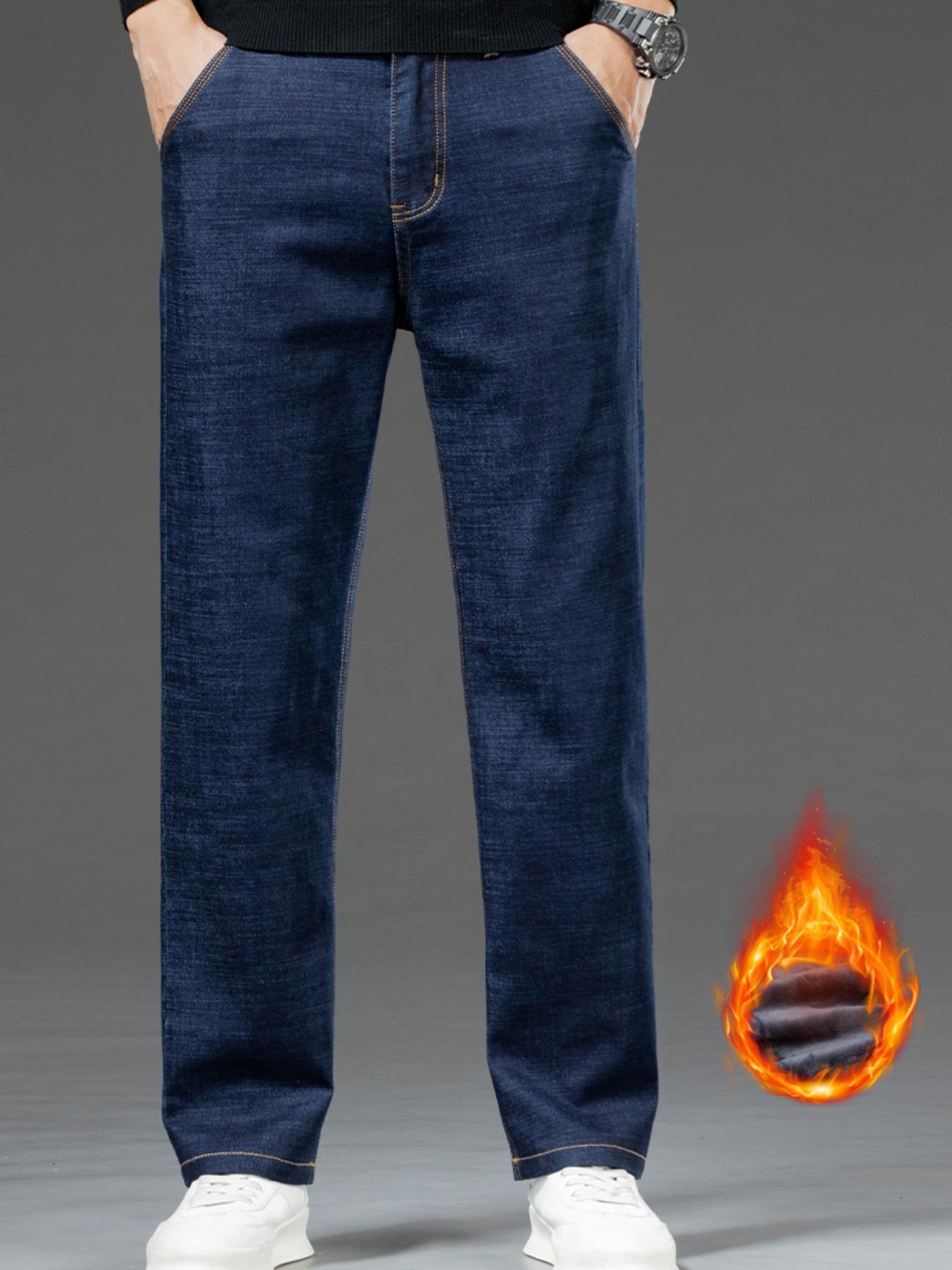 Men's Denim Jeans with Topstitching, Loose Straight Leg Long Pants, Stretch Fashion Pants for Fall & Winter