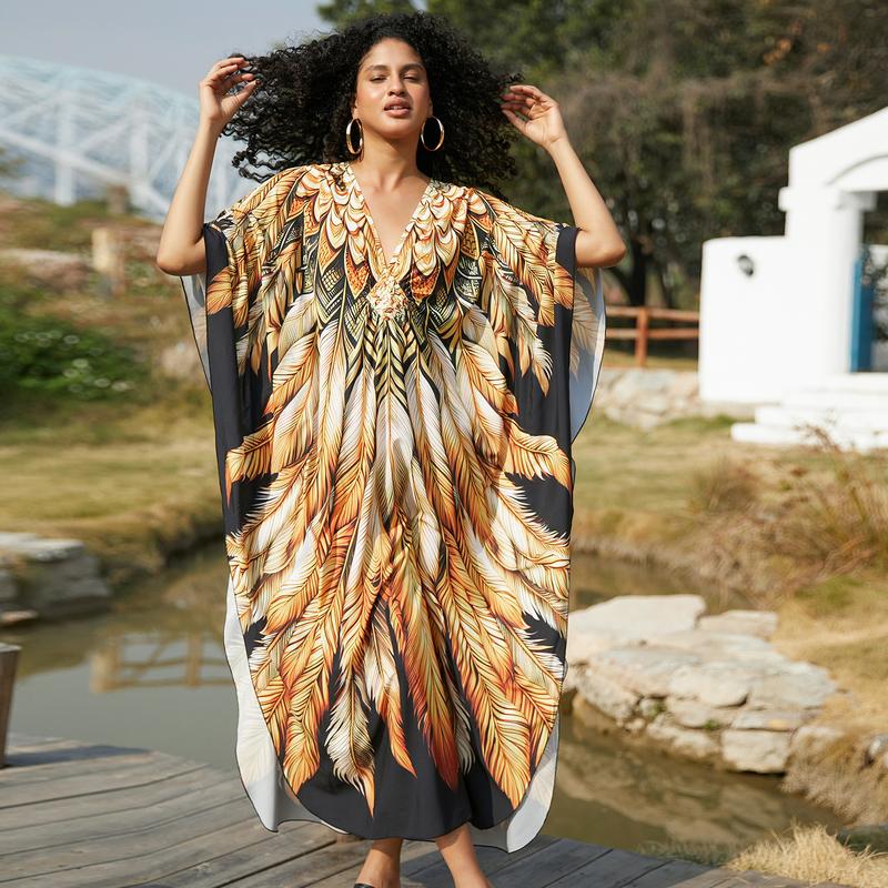 Bsubseach Women Ethnic Print Kaftan Beach Dress Plus Size Swimsuit Cover Up