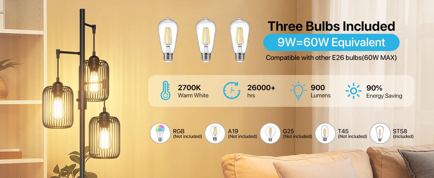 GLITGATE Black Floor Lamp, Dimmable Industrial Gold Floor Lamp Farmhouse Floor Lamps for Living Room with Cages 70'' Tall Lamp Modern Floor Lamp Standing Lamp for Bedroom Office Living Room 3 LED Bulbs Included