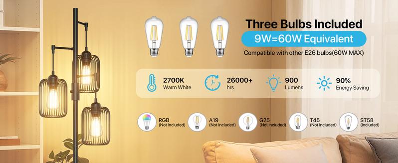 GLITGATE Black Floor Lamp, Dimmable Industrial Gold Floor Lamp Farmhouse Floor Lamps for Living Room with Cages 70'' Tall Lamp Modern Floor Lamp Standing Lamp for Bedroom Office Living Room 3 LED Bulbs Included