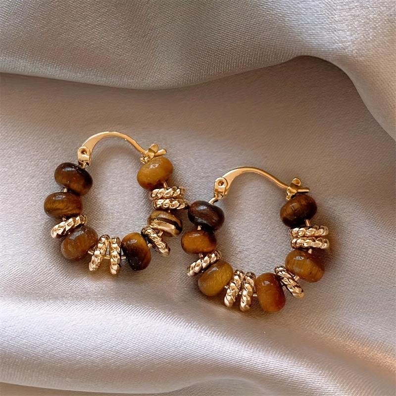 1 Pair Vintage Elegant Natural Stone Tiger Eye Beads Hoop Earrings for Women Festival Birthday Dating Prom Evening Party Holiday Daily Commute Additions