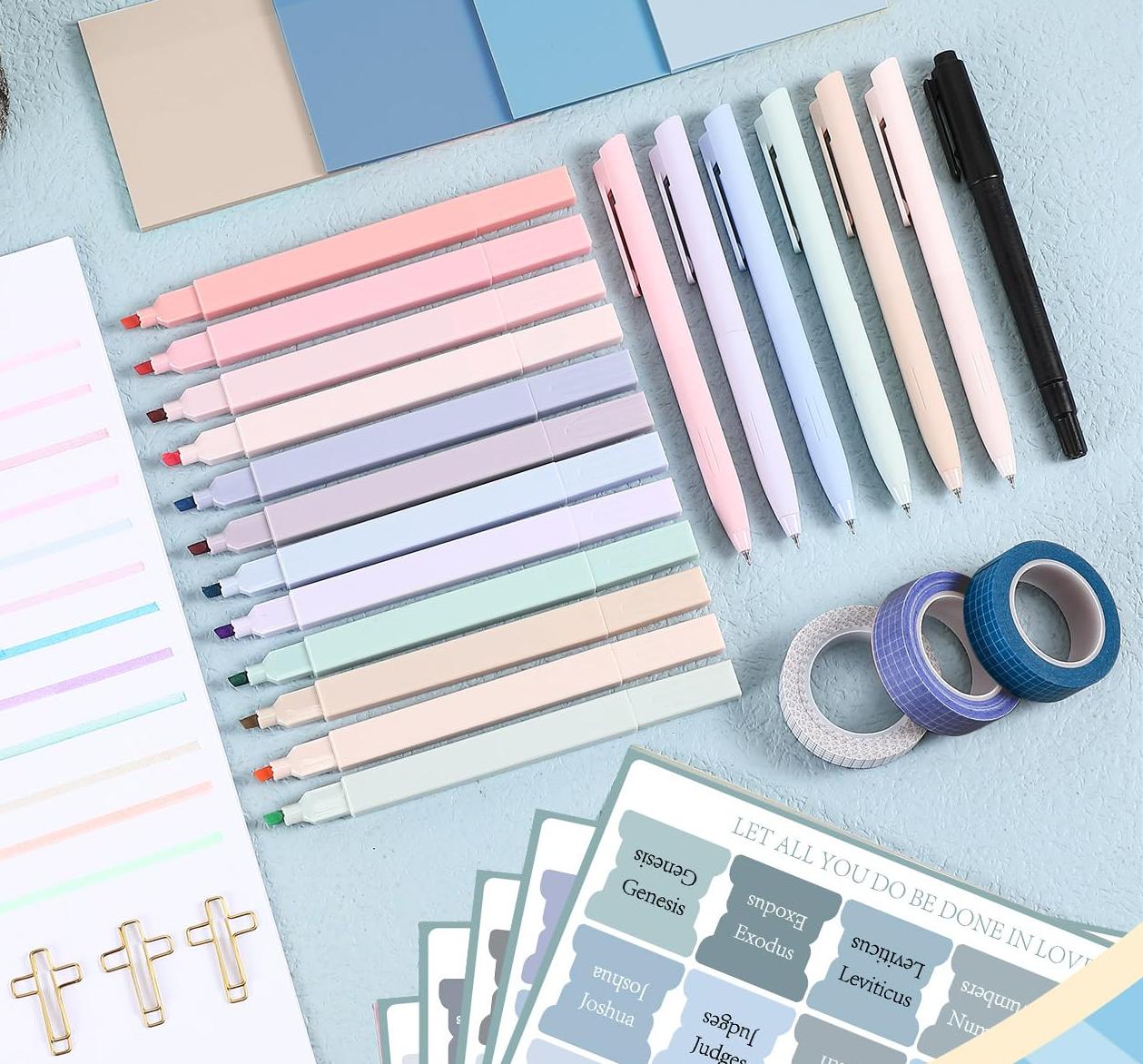 Easter Gift Bible Journaling kit 33 Pcs Bible Aesthetic Supplies with Pencil Case Gel Pen Colorful Highlighters Marker Pen Tabs Notes Transparent Sticky Notes Cross Clip Tapes Bible Study Supplies Annotation Kit Stationery School Study Supplies