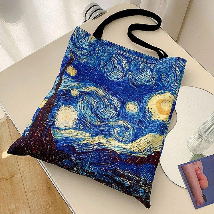 Van Gogh Starry Night Canvas Tote Bag, Vintage Retro Shoulder Bag, Large Capacity Commute School Shopping Bag, Style Van Gogh Tote
