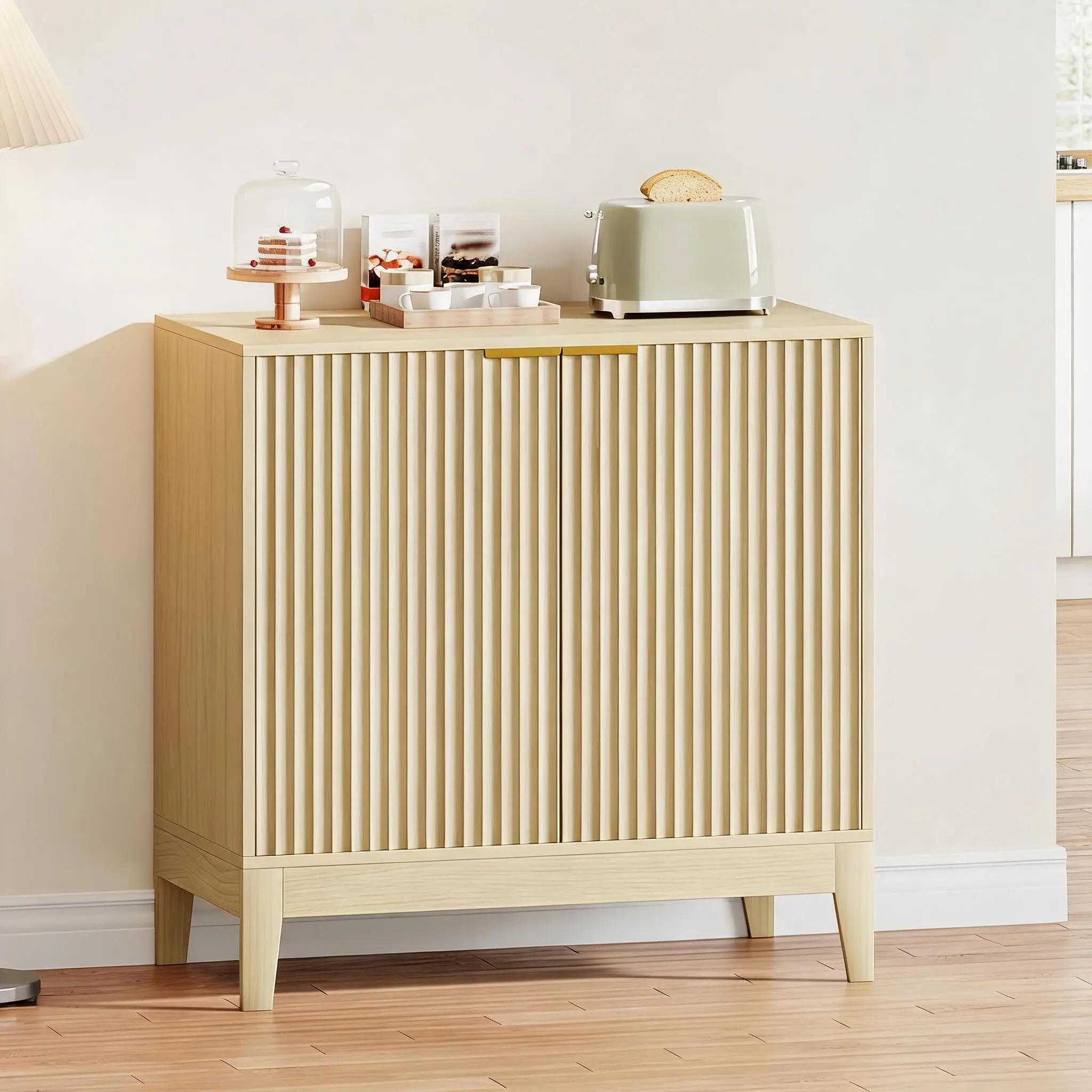 31.5" Fluted Cabinet with Storage, 2 Doors Sideboard Buffet Cabinet, Modern Accent Credenza with Adjustable Shelf and Wood Legs for Living Room, Dining Room, Kitchen, Entryway