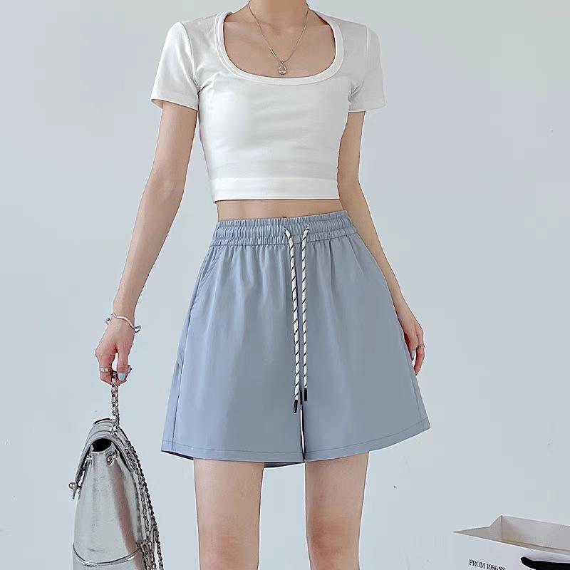 Blue quick-drying shorts women's summer 2026 new high-waisted outer wear casual wide-leg A-word sports five-point pants ro pa gym mujer