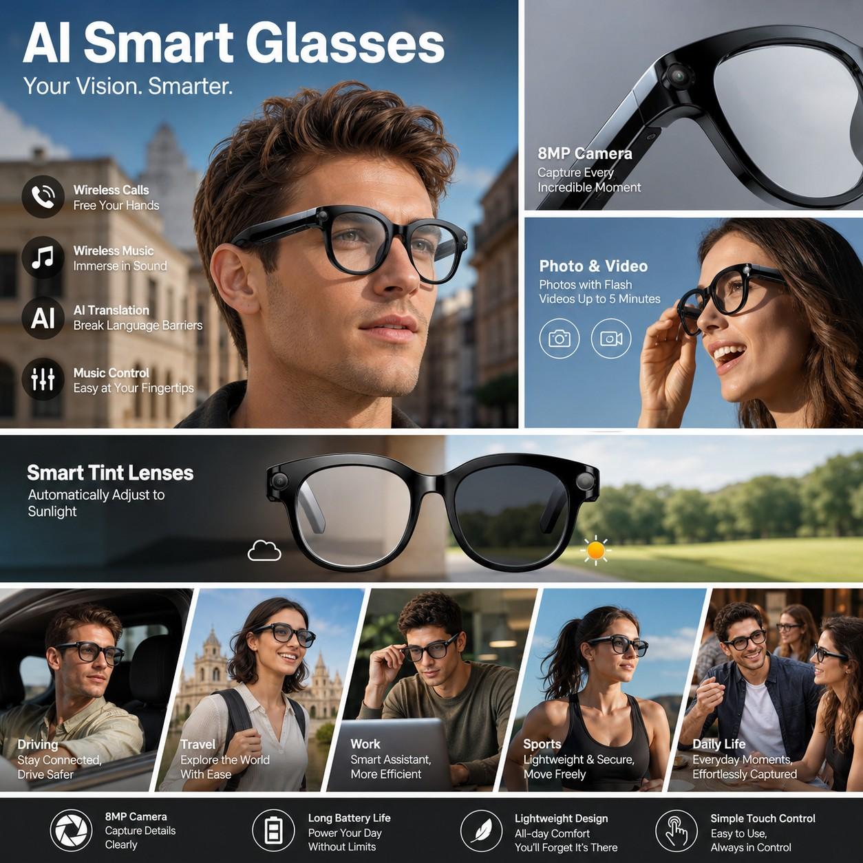 SENBONO Multifunctional Smart Glasses with Ai Assistant, HD Recording, Bluetooth-compatible Music Calling, Dual Mic Noise Reduction, LED Flashlight, 8mp Camera