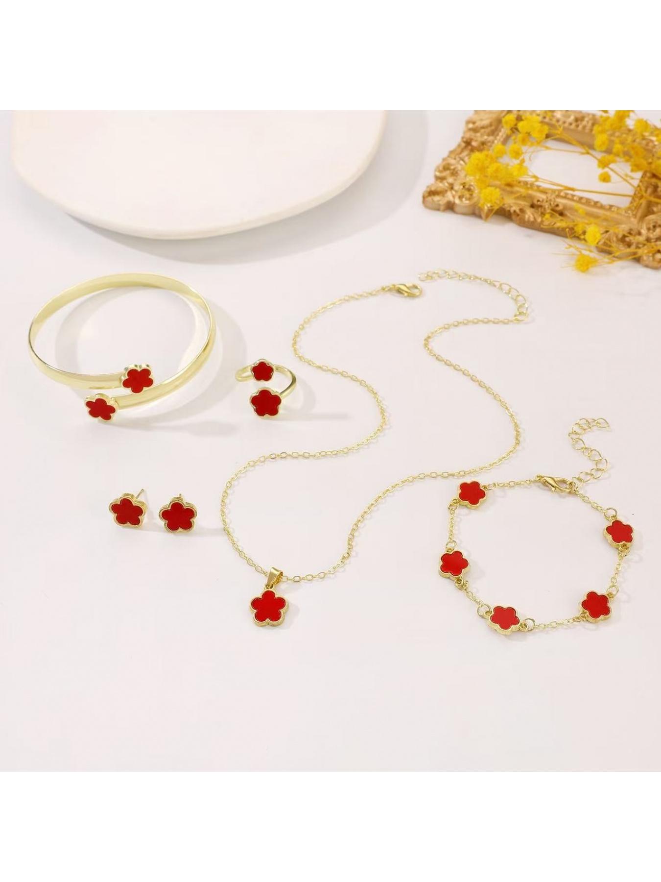 Flower Design (5-piece set), 2025 Summer Clothing Women's Solid Color Bracelet Necklace Bracelet Ring Bracelet, Party, Daily Clothing Decoration, Birthday Gift Jewelry, Party Preparation Bracelet, Fashion Bracelet