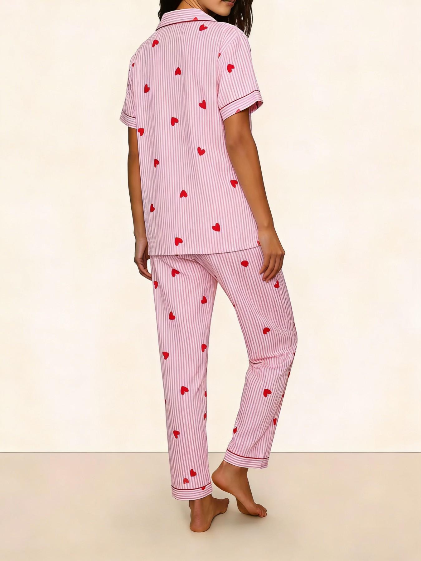 Women's Short Sleeve Long Pants Cardigan Pajama Set, Stripe Heart Full Print, Casual Slim Fit Home Wear, Loungewear, Nightwear, All Seasons Women's Short Sleeve Long Pants Cardigan Pajama Set, Stripe Heart Full Print, Casual Slim Fit Home Wear, Loungewear, Nightwear, All Seasons