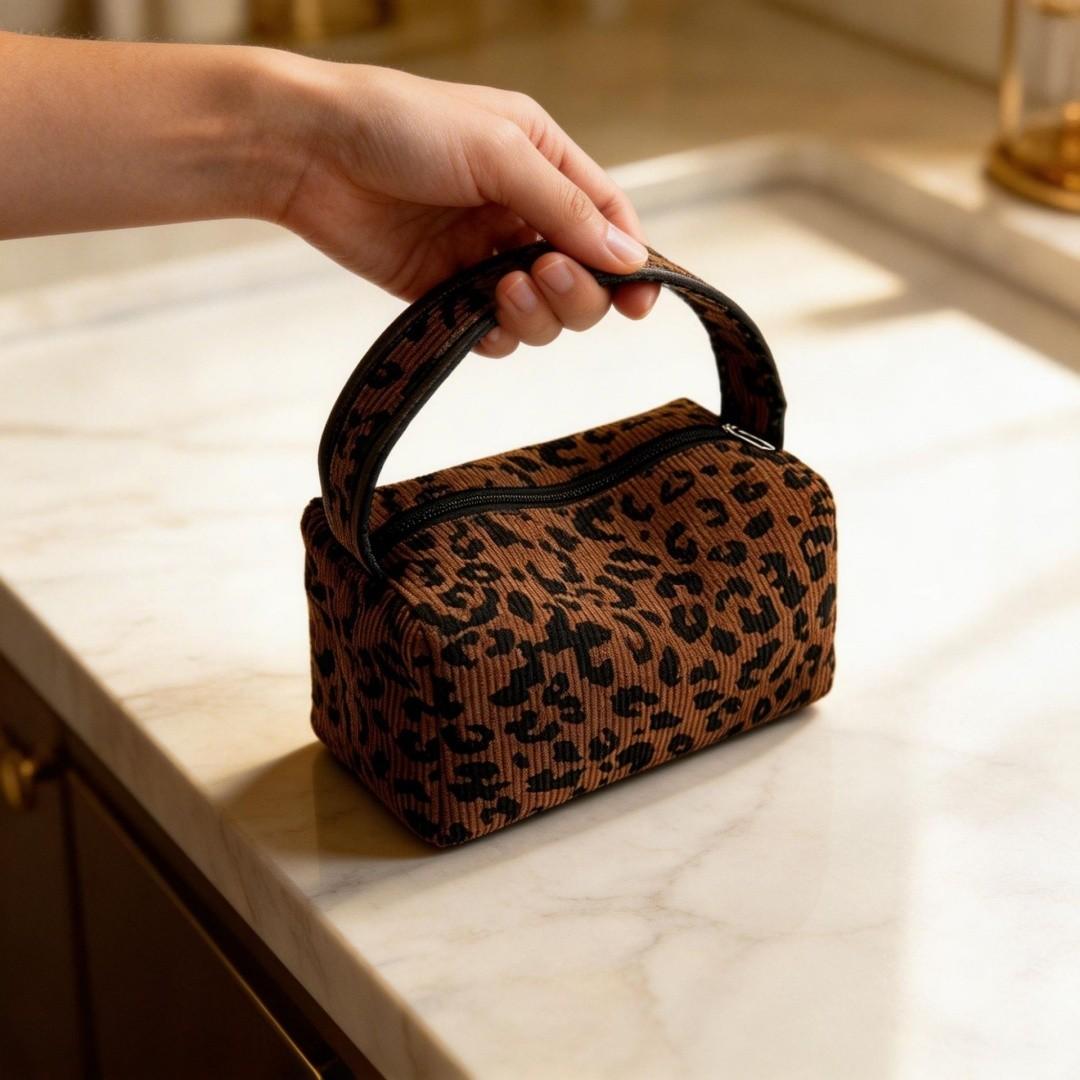 Large Capacity Leopard Print Makeup Bag, Gold Animal Pattern Cosmetic Storage, Makeup Storage Organizer, Durable Polyester Material, Ideal for Women, Teens, Travelers