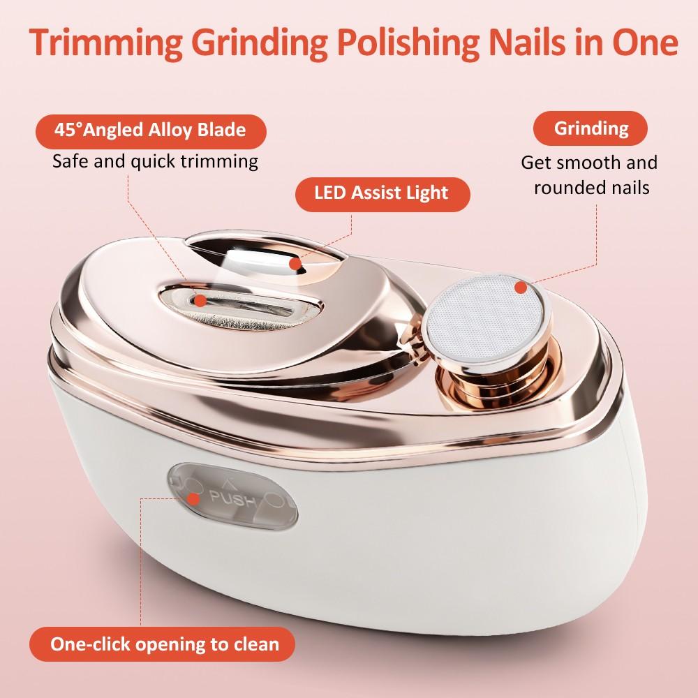 2 in 1 Electric Nail Clipper Polisher with Light Automatic Nail Cutter Clipper & Polishing Grinder Fingernail Toenail Trimmer 2-Speed Rechargeable