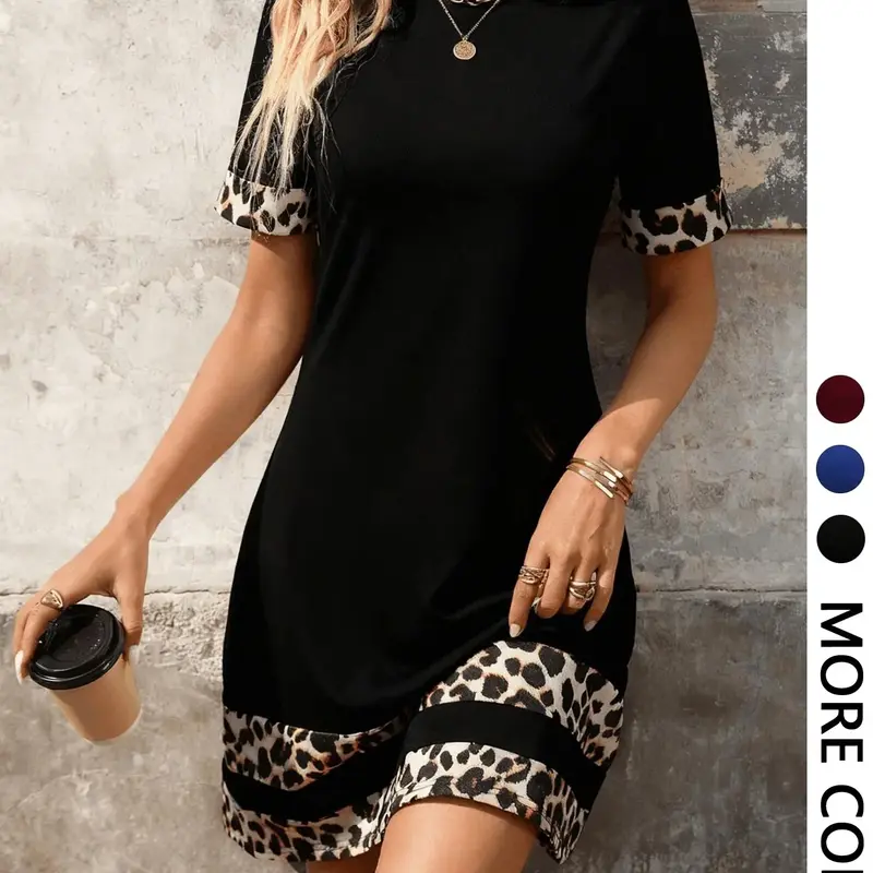 Women's Chic Crew Neck Short Sleeves Mini Dress, Casual Printed, Leopard-Print Contrast Cuffs and Hem, Straight-Cut Soft-Stretchy Breathable Fabric, Casual Fit for Daily Wear, Office Commute and Weekend Gatherings