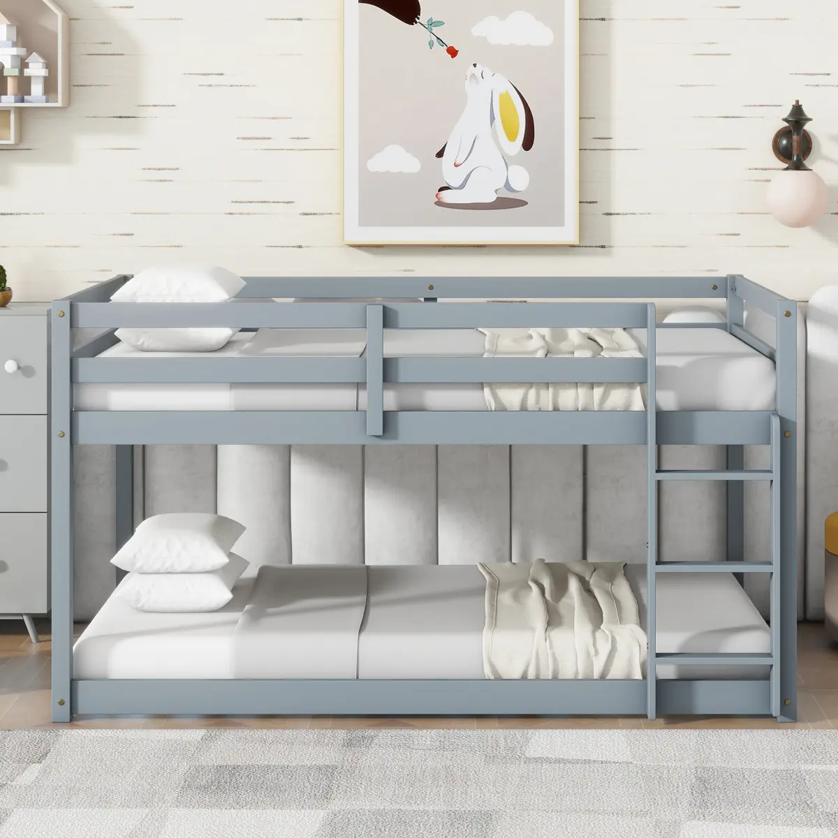 Bellemave Solid Finish Solid Wood Twin Over Twin Floor Bunk Bed with Ladder - 77x43.8" Low Height Frame, Strengthened Slat Platforms, Wide Ladder, Open Storage Space, Requires Setup