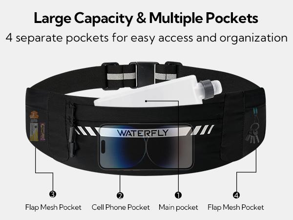WATERFLY Running Belt Fanny Pack: Slim Breathable 4 Pocket Waist Bag for Men Women Sport Workout Exercise Fitness Phone Holder - Runner Marathon Jogging Waistband Fits ALL Phones SpringStatements