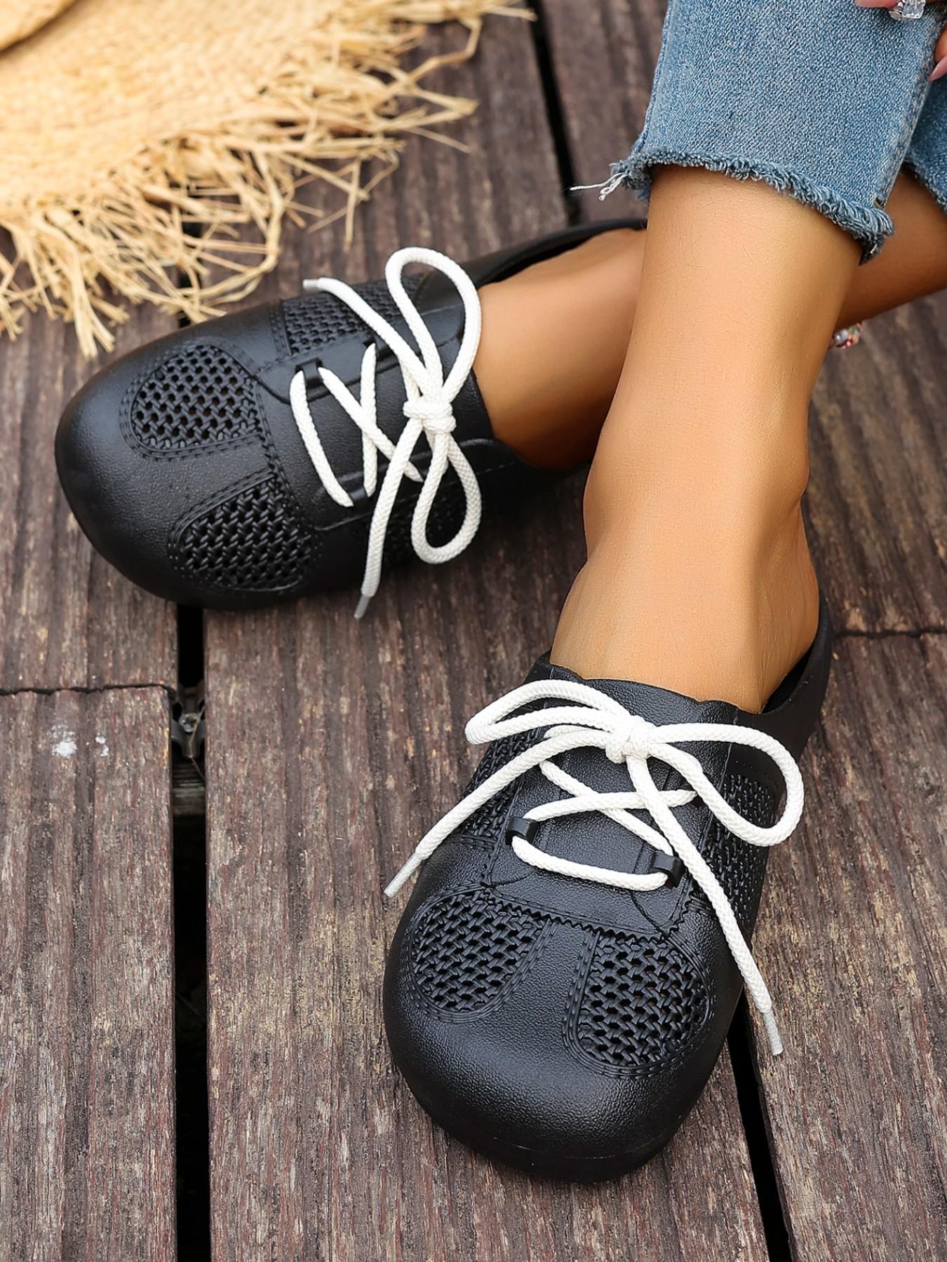 Sweet Style Mesh Cutout Tie Mueller Slippers, Open Toe Outdoor Women's Half Sandals, Comfortable Summer Footwear