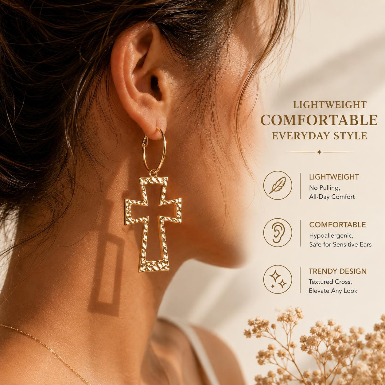 Women's Gold Cross Hoop Earrings - Elegant Minimalist Fashion Jewelry, Unique Hammered Texture Non-Natural Crystal Dangle, Lightweight Gothic Y2K Style, Ideal Gift for Her, Elegant Minimalist Earrings