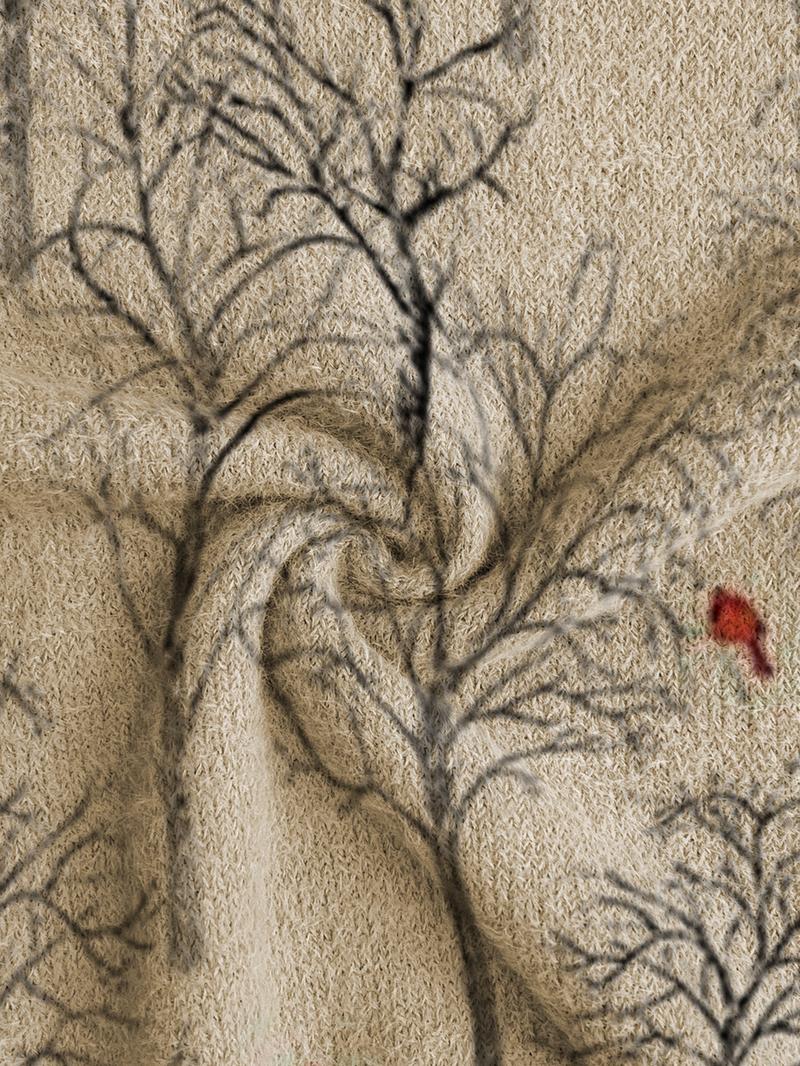 Women's Tree Landscape Print Stand Collar Sweater, Fall Winter Casual Long Sleeve Knitwear, Comfortable Warm Daily Wear