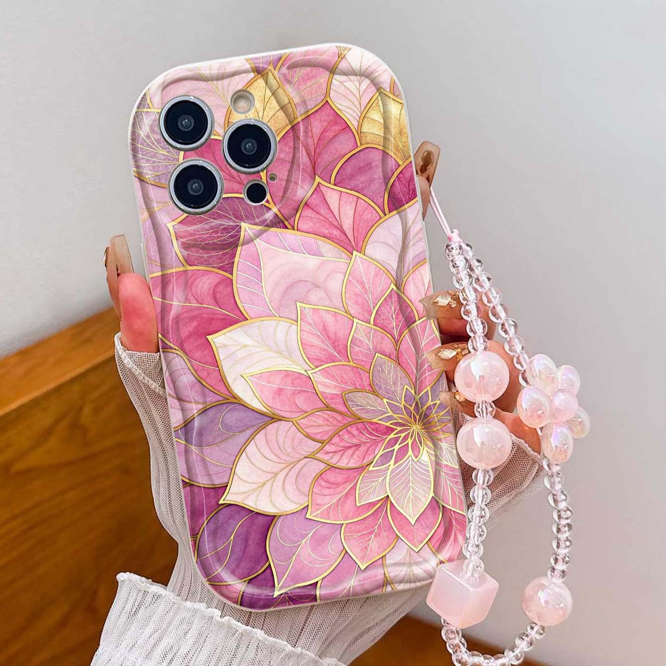 Gold Mandala Flower Tpu Phone Case with Lanyard, Shockproof Wave Edge, Compatible with Apple iPhone Models, Perfect Gift for Girls
