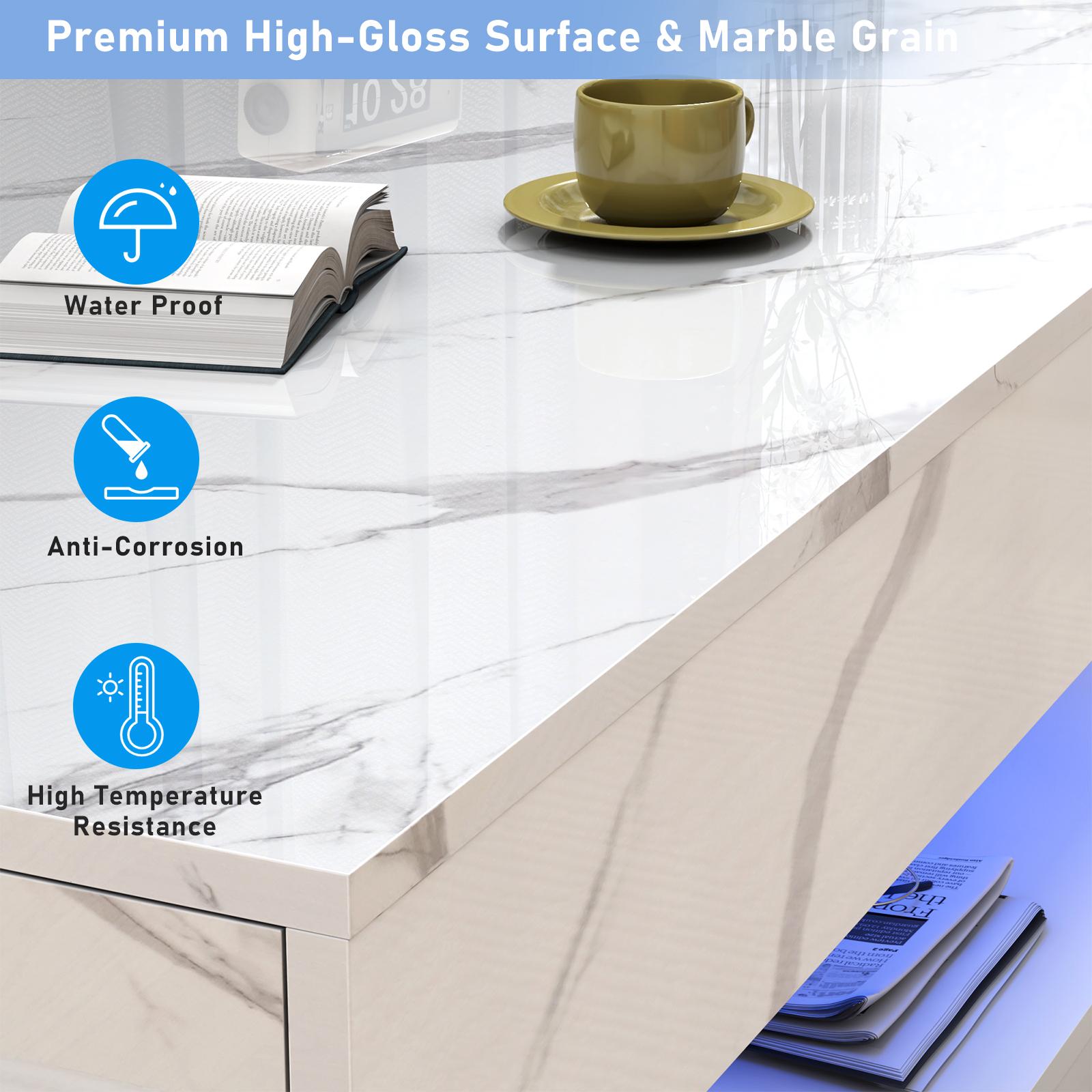 LED Coffee Table with 2 Storage Drawers, Modern High Gloss Black Coffee Table w/20 Colors LED Lights, 2 Tiers Rectangle Center Table for Living Room with Marbling Print, APP Control, Black/White