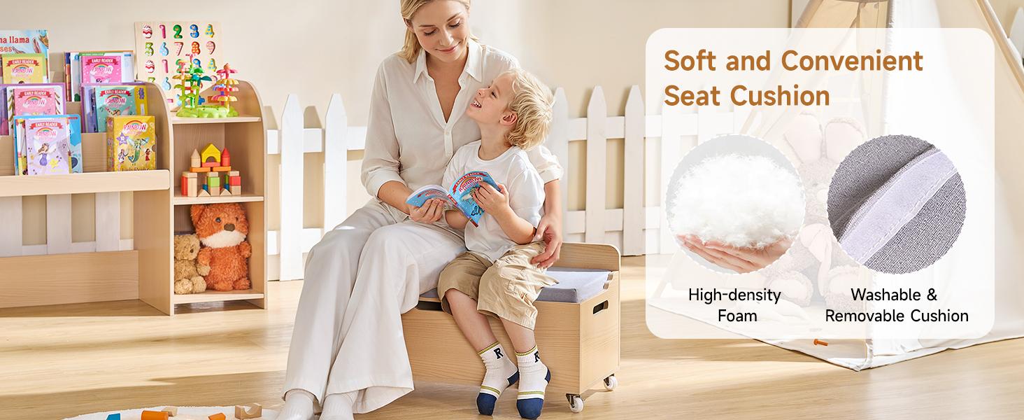 ONBRILL Kids Bookshelf with Reading Nook, 64.5" Toy Storage Organizer with Movable Bench with 3 Storage, Kids Bookcase with 3-Tier Bookshelf, 6 Storage Cubbies, Toy Box & Chest for Bedroom, Playroom