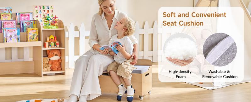 ONBRILL Kids Bookshelf with Reading Nook, 64.5" Toy Storage Organizer with Movable Bench with 3 Storage, Kids Bookcase with 3-Tier Bookshelf, 6 Storage Cubbies, Toy Box & Chest for Bedroom, Playroom