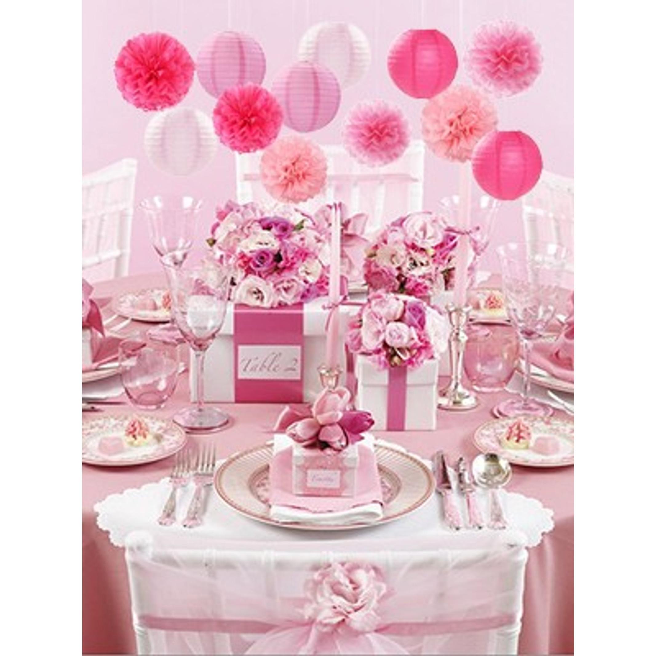 15-Piece Light Hot Pink Party Decor Kit - Paper Flowers, Lanterns, Tissue Pom Poms, Streamers, Photo Backdrop Prop Pack for Girl Birthday, Graduation Hanging Supplies, Colorful