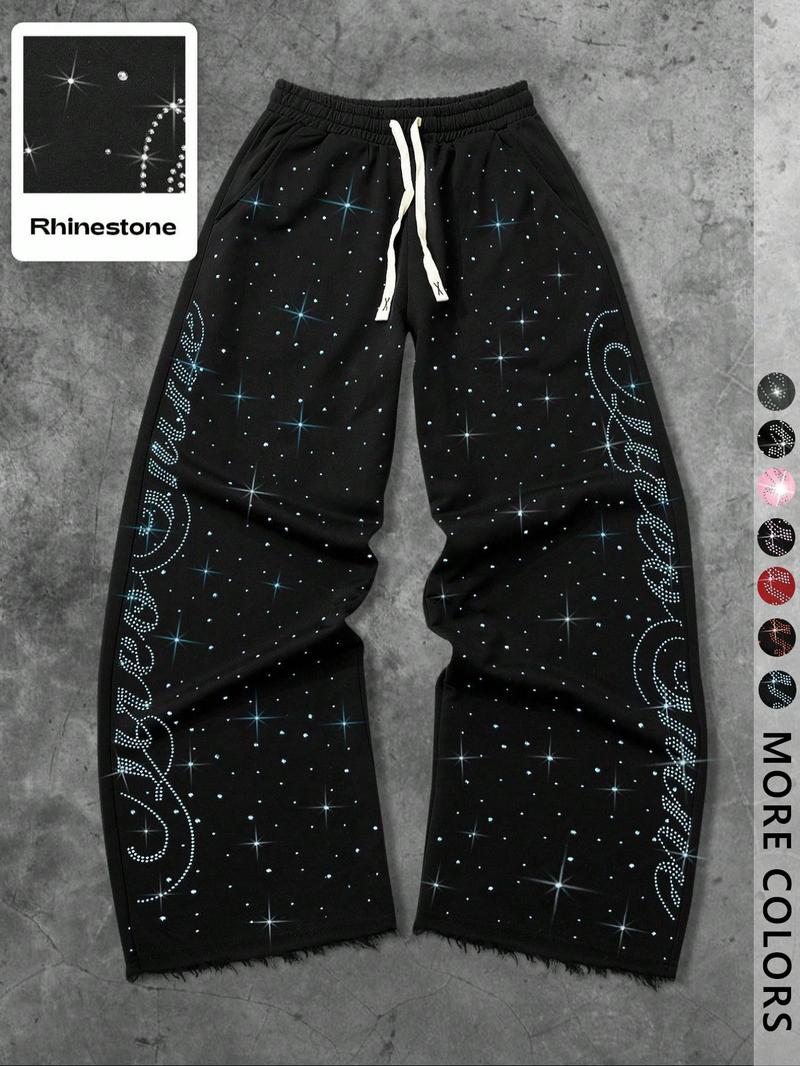 Unisex Rhinestone Starry Sky Sweatpants, Streetwear Fashion, Trendy Simple Design, Perfect for Hip Hop, Rap, Gym, Outdoor Activities, Athleisure Style Bottoms