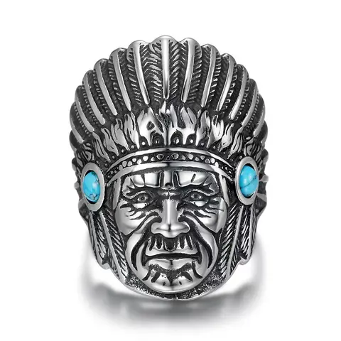 Indian Chief Totem Stainless Steel Ring - Western Vintage Creative Portrait, Dark Gothic Alternative Style Men's Accessory for Male Party Outfits