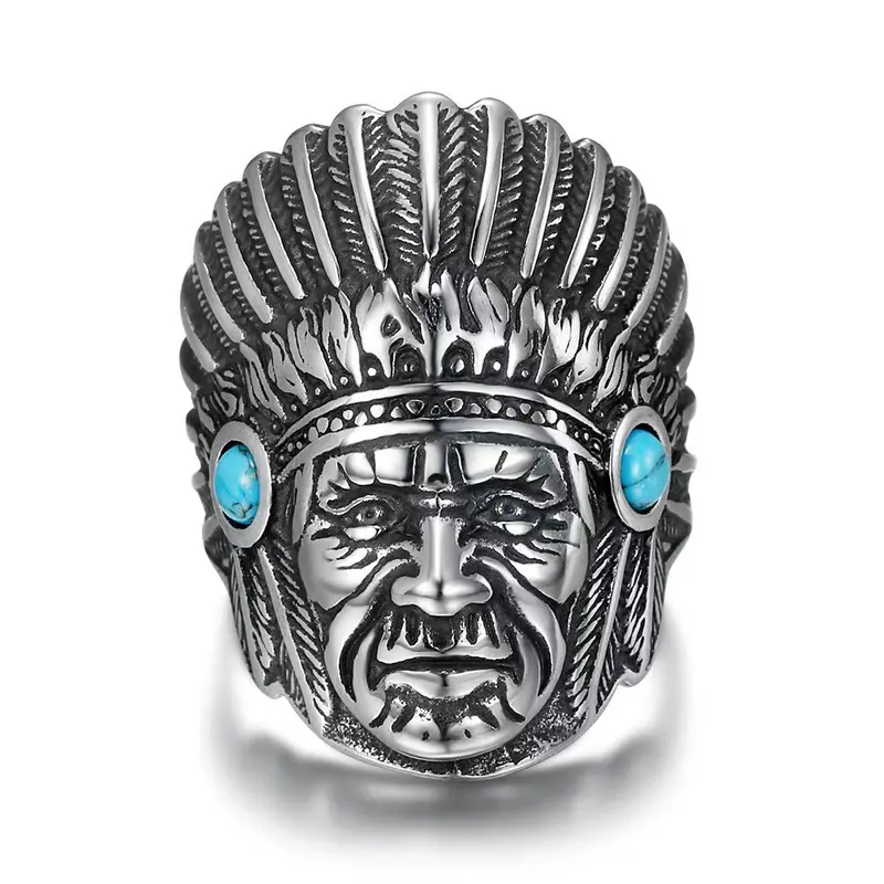 Indian Chief Totem Stainless Steel Ring - Western Vintage Creative Portrait, Dark Gothic Alternative Style Men's Accessory for Male Party Outfits