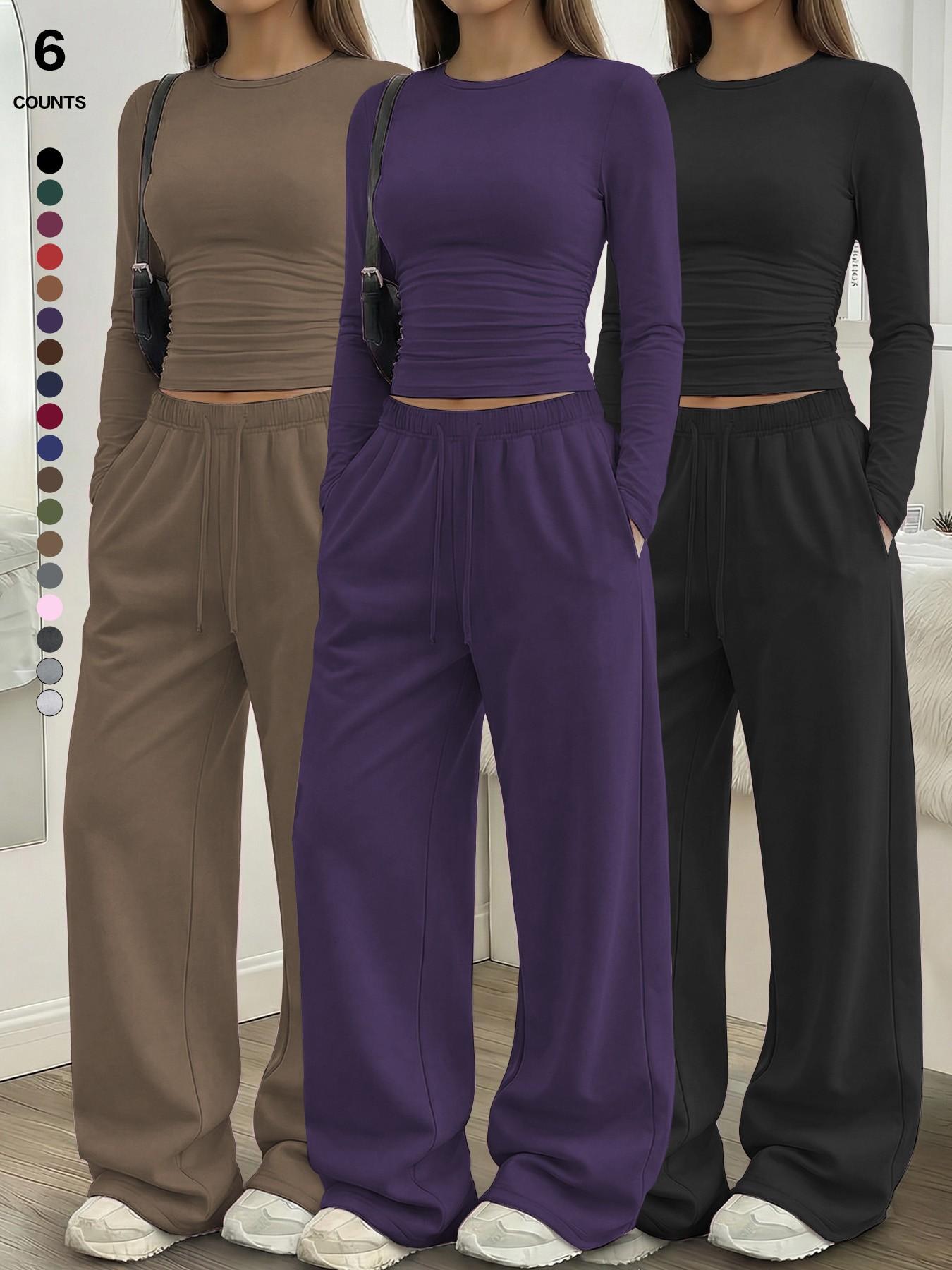 Women's Solid Ruched Drawstring Loungewear Set, Casual Long Sleeve Round Neck Top & Pocket Wide Leg Trousers, Spring Summer Sleepwear Pajama Set