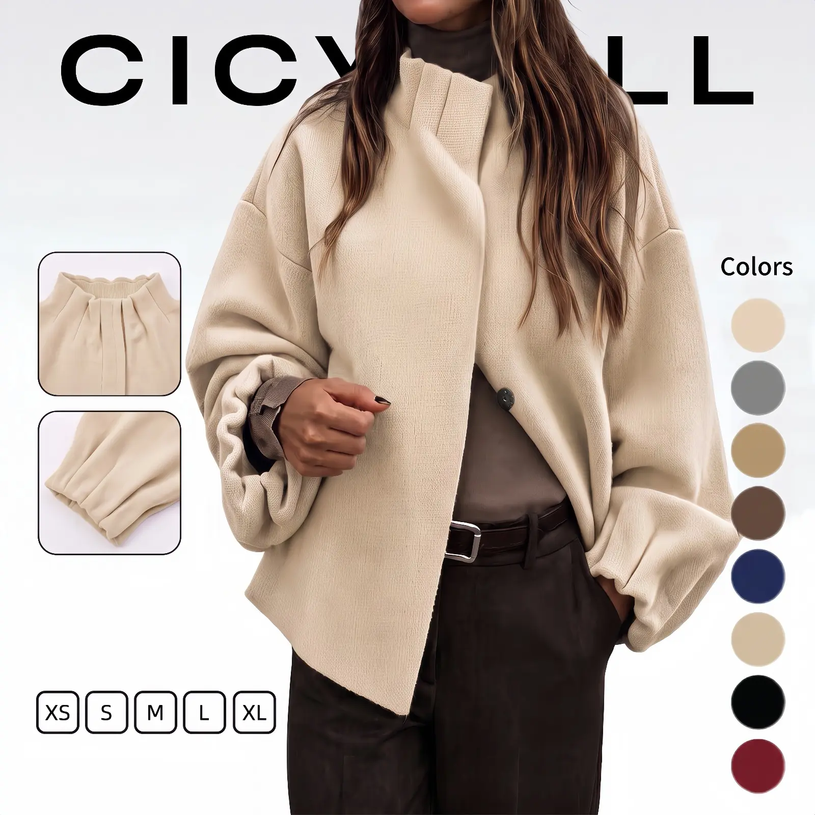 Cicy Bell Ruffle Mock Neck Sweaters Cardigans Puff Long Sleeve Sweaters | Slim Fit, Elegant, Fall Outfits, Winter Warm Clothes, Casual Trendy, Work Office, Balloon Sleeve