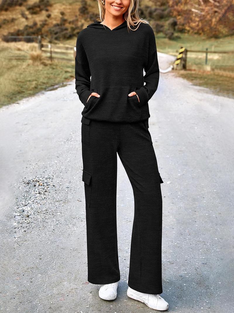 2026 Womens Fall Outfit 2-Piece Knitted SetsHoodie Tracksuits Wide Leg Pants With Pocket AndDrawString Long Sleeve Hooded Kangoroo Pocket TopsKnitwear Sporty Loungwear, Womenswear Travel Outfit