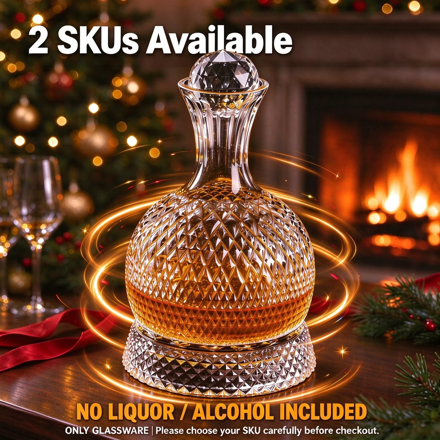 Luxury Rotating Diamond Pattern Glass Decanter for Alcohol, Beautiful Cut Crystal Liquor Carafe, Perfect for Home Bar Display, Dinner Table Centerpiece, Unique Gift for Men, Wine Collectors and Cocktail Enthusiasts, Liquor Not Included