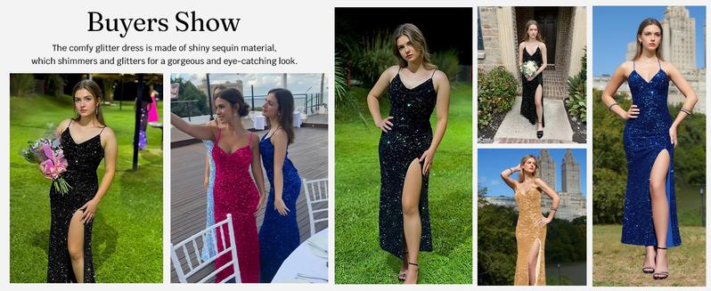 Wenrine Women's Sparkly Sequin Dress Spaghetti Strap V Neck Sexy High Slit Formal Club Party Evening Maxi Dresses