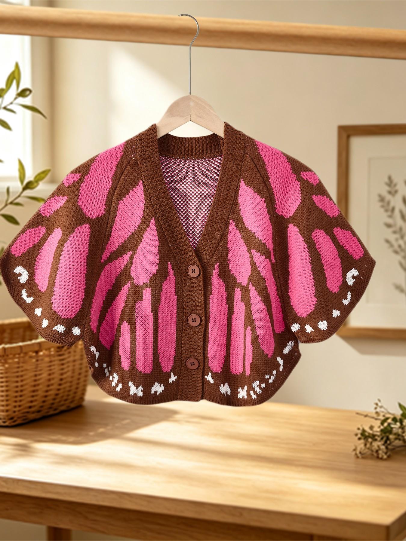 Women's Butterfly Wings Knit Cardigan, Autumn V-Neck Button Fashion Casual Style Sweater, Stylish and Comfortable Outerwear for Daily Wear