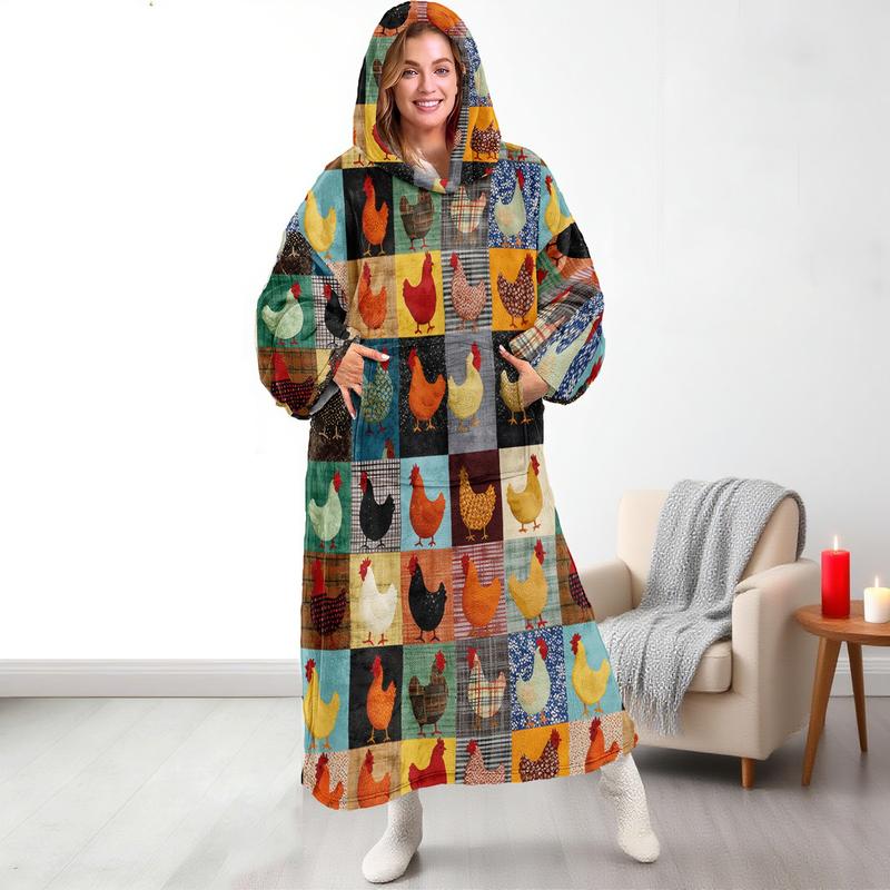 hoodie blanket，Wearable Blanket，Hooded Blanket Wearable Throw, Patchwork Style Farmhouse Theme Hooded Blanket, Soft Warm Flannel Blanket for Sofa Home Leisure Air Conditioning Nap Camping Travel Gift，Christmas Gift,Valentine's Day gift