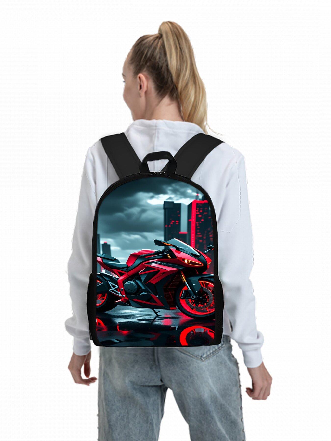 Motorcycle Pattern Print Single-Layer Backpack