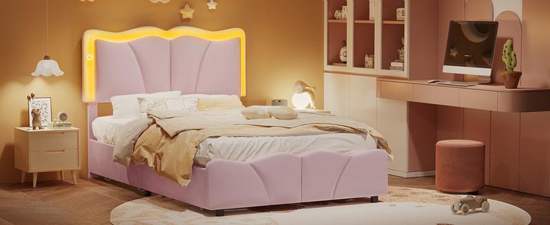 Sikaic Upholstered Platform Led Bed Frame with USB Ports Drawers Pink Furniture Corner Headboard Bedroom Set Bedframe