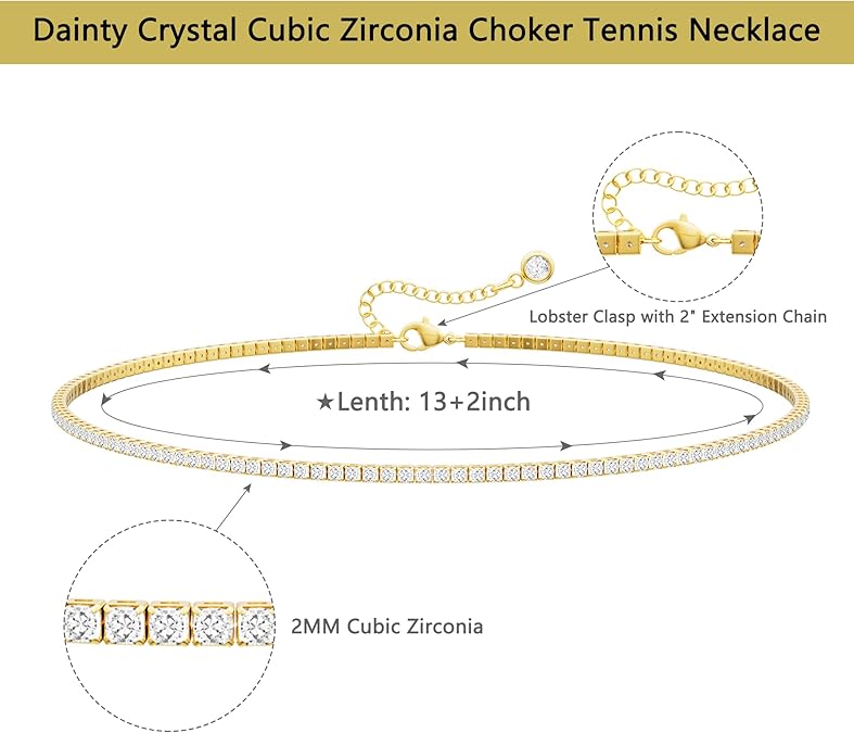 Tewiky Tennis Silver Necklace for Women, 14K Gold Plated/Sterling Silver Cubic Zirconia Chain, Dainty Choker Necklaces for Women Jewelry For Mother's Day gifts