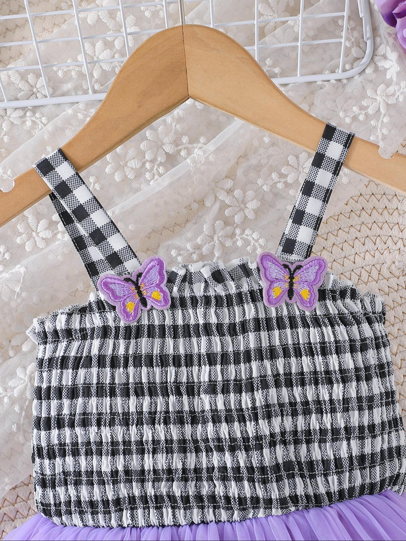 Little Girl Casual Summer Dress, Sleeveless Plaid Smocked Top & Purple Tulle Skirt with Butterfly Decor, Cute Style