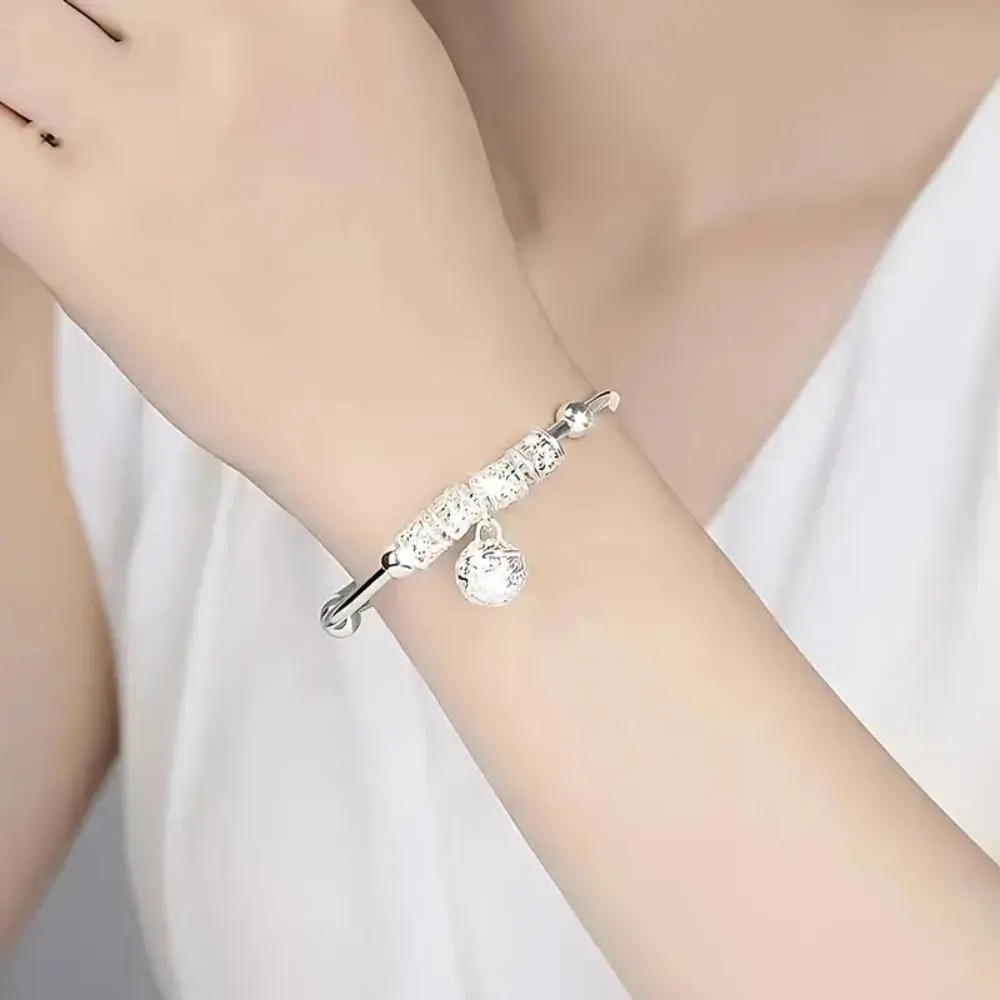 Women's Polished Finish Silver Bangle - Elegant Lace Pattern Bracelet with Charms & Dainty Pendant, Valentine’s Gift for Adults, All Seasons Bag Accessory Charm