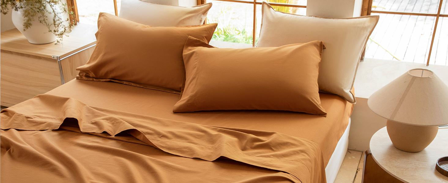 Linen Sheet Set , Linen Cotton Blend Sheets Set 4pcs, 1 Flat Sheet, 1 Fitted Sheet & 2 Pillowcases, Cooling Breathable Farmhouse Bedding