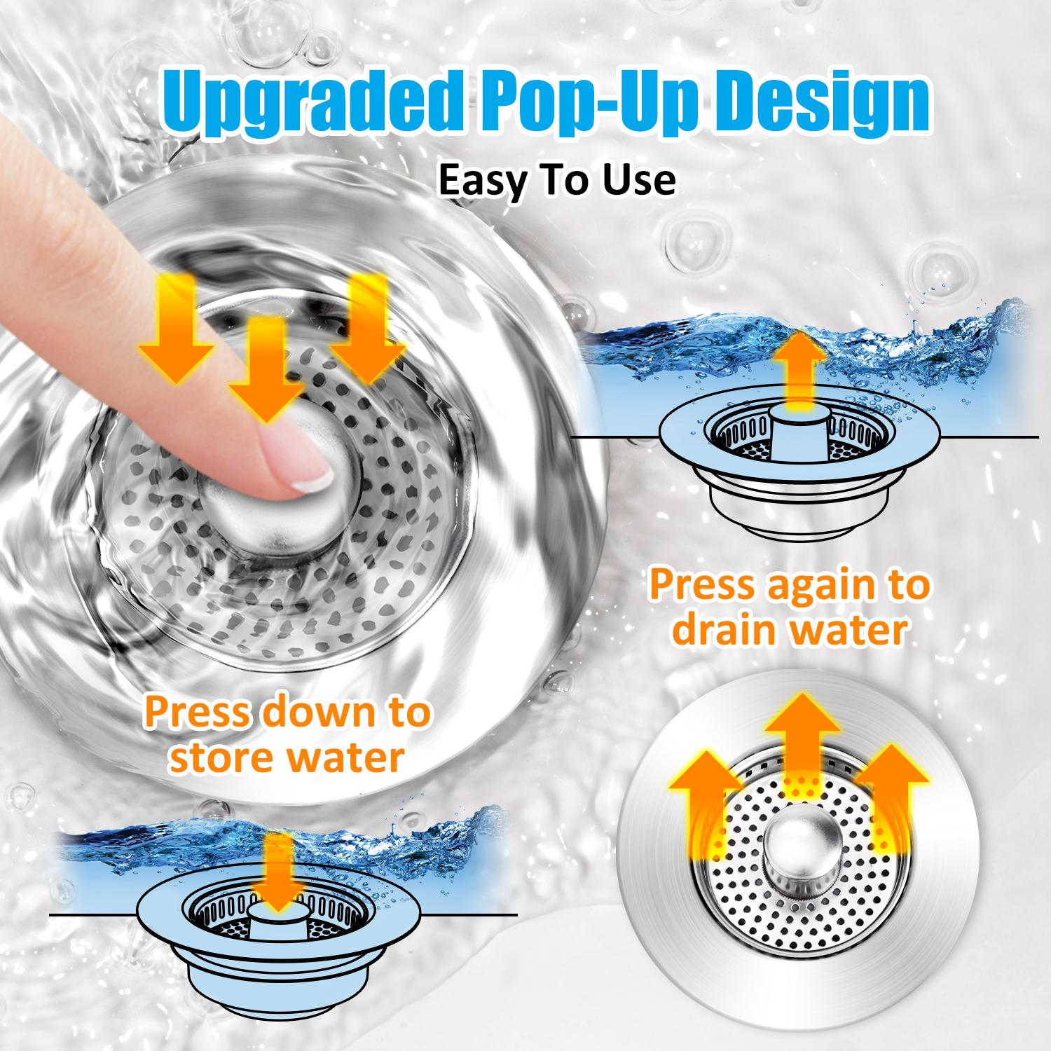 3 in 1 Kitchen Sink Drain Strainer, 304 Stainless Steel Sink Plug with Anti-Clog Basket, Pop Up Sink Stopper for US Standard 3-1/2 Inch Drain