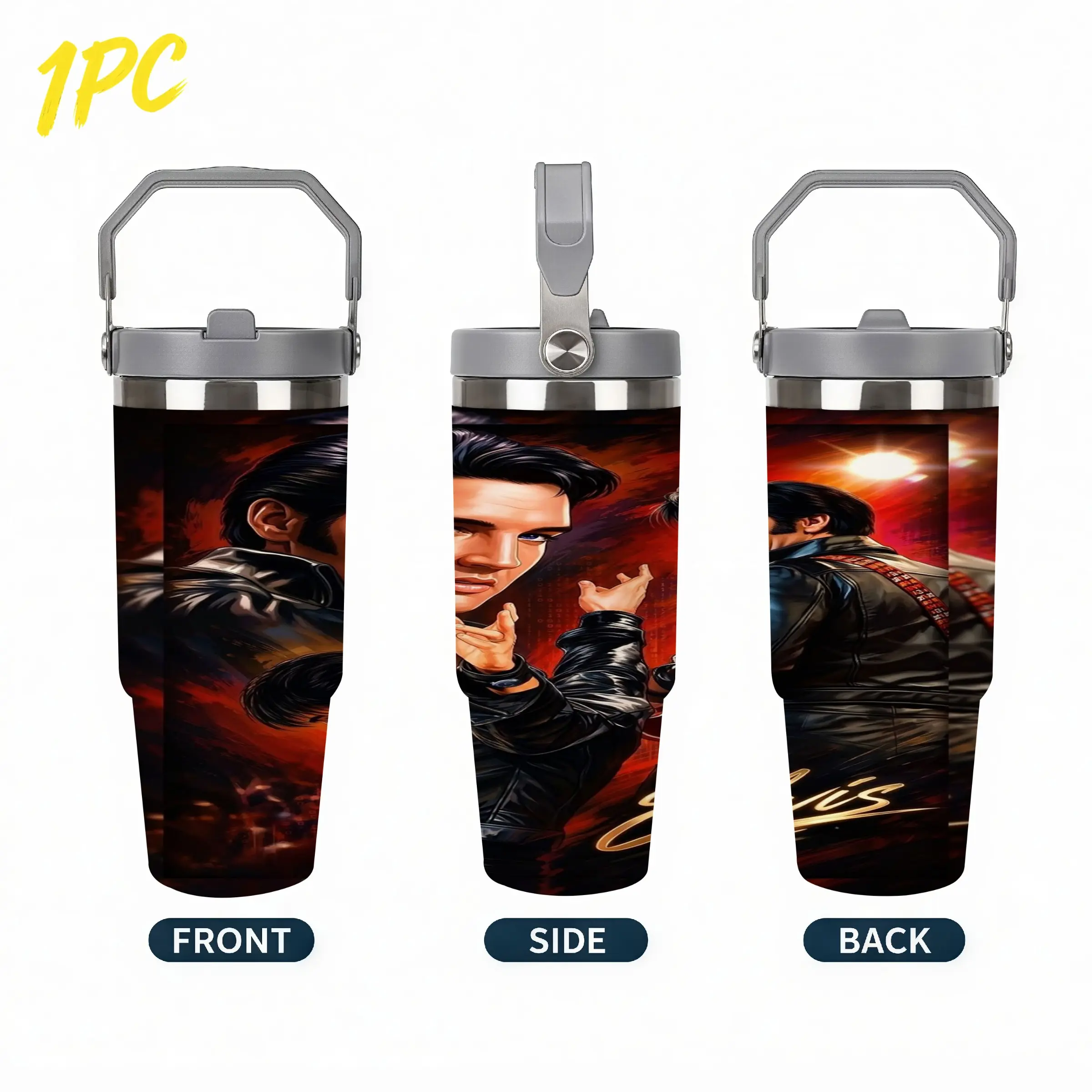 1pc 30oz Elvis Cat King vintage art print travel insulated cup - stainless steel large capacity car drinking cup - rock fan souvenir water cup