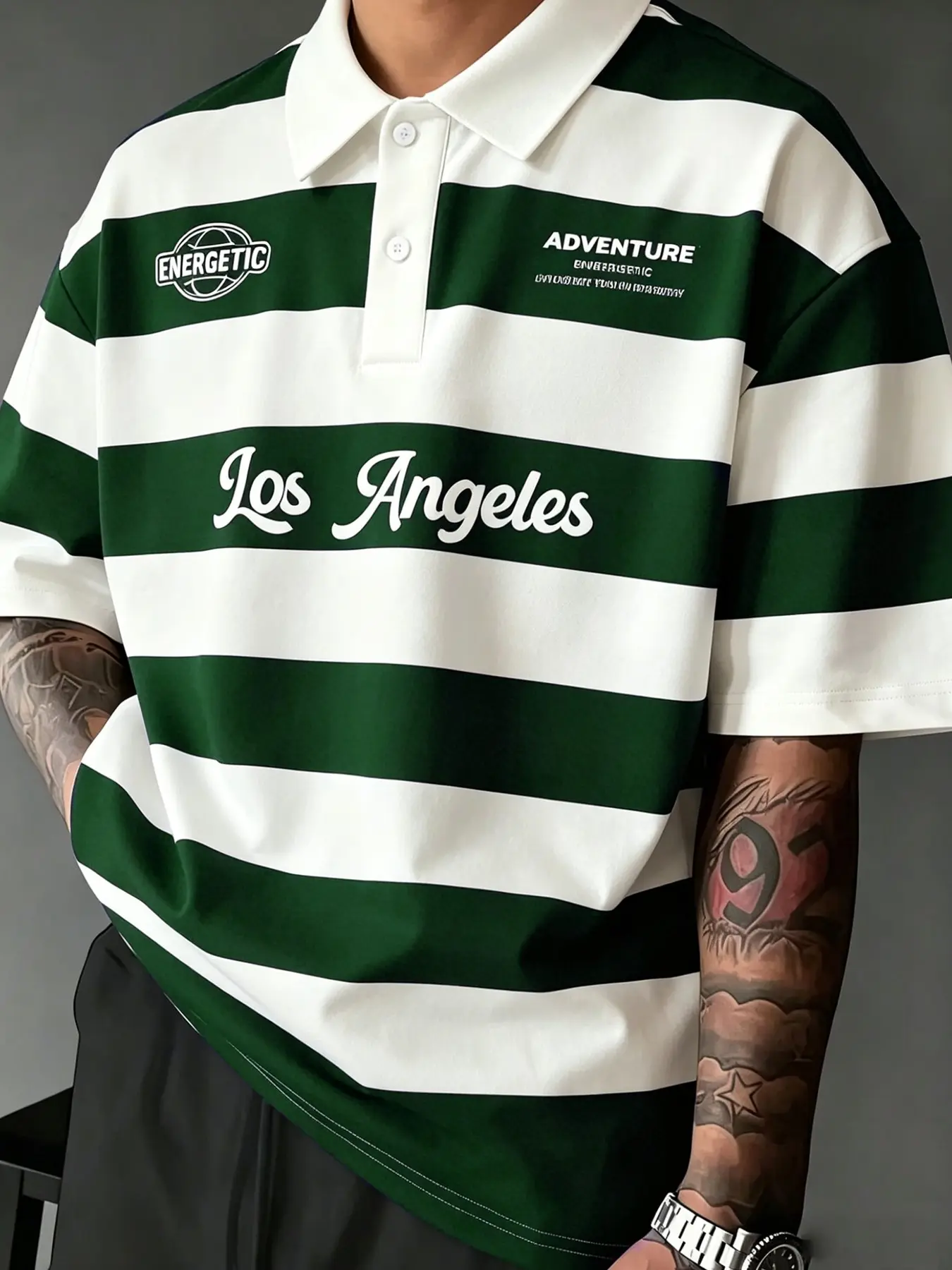 Vintage Striped Short Sleeve Polo Shirt for Men, Los Angeles Letter Print Collar Casual Top, Street Style Loose-Fitting Blouse