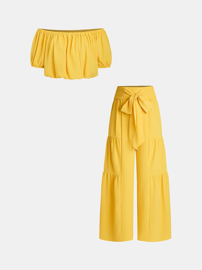 Women's Solid Color Top & Wide Leg Pants Set, Casual Off Shoulder Top & Palazzo Pants for Summer, Ladies Clothes for Beach Holiday Vacation, Womenswear