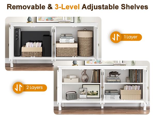 RoyalCraft Carved Sideboard Cabinet with Storage, 63'' Modern Buffet Cabinet with Mirrored Door and Adjustable Shelves, Accent Cabinet for Entryway, Dining Room, Living Room, Kitchen, Bathroom