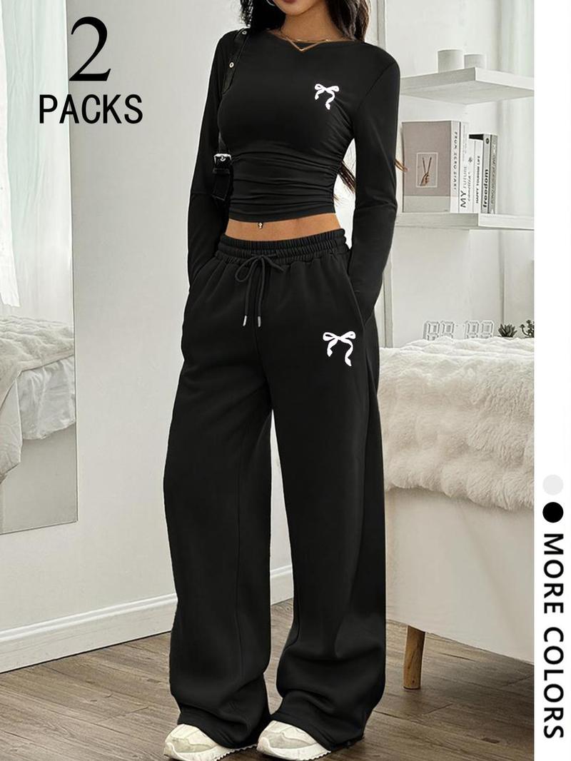 Y2K Campus Sweet Girl Back-To-School Set, Ruched Top & Wide Leg Pants, Youthful and Stylish, Perfect for Daily Wear
