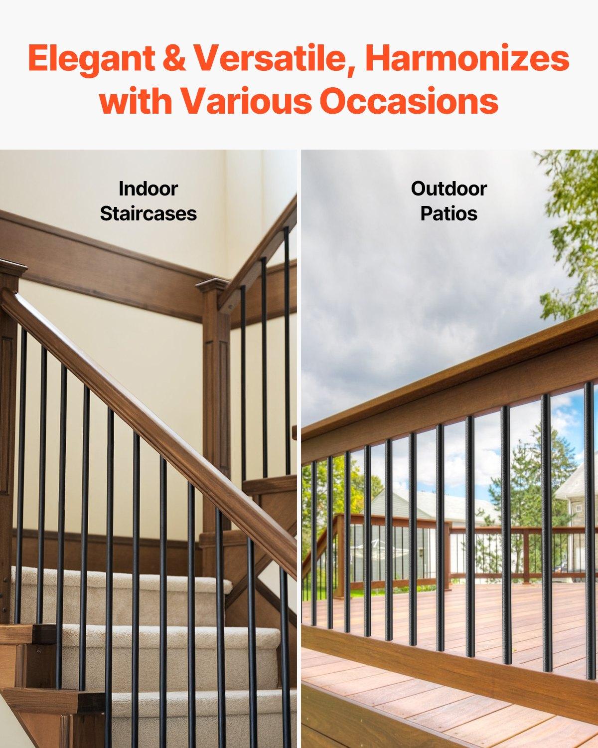 VEVOR Staircase Balusters 101 Pack, 32 In Aluminum Stair Balusters, 3/4 In Water-Proof Round Metal Spindle Railing, Hollow Deck Railing with Rail Caps Screws for Stairs, Porch, Patio, Fence, Black